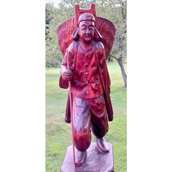 VTG Solid Wood Hand Carved Asian Chinese Man Staff Pack Statue Figure Sculpture - Picture 2 of 6